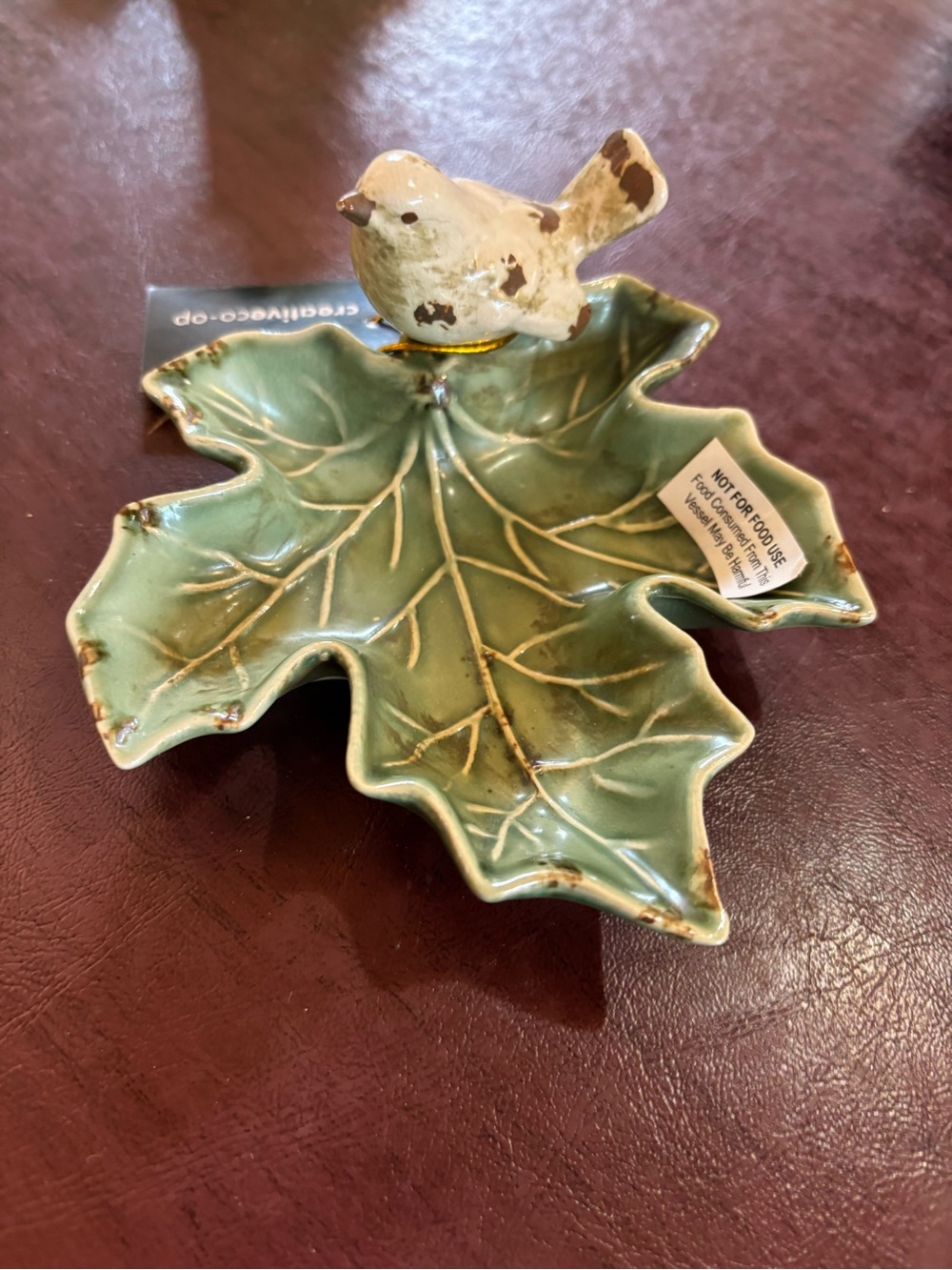 Creative Co-Op Ceramic Leaf Trinket Dish with Bird, Green Maple Leaf Tray 5.5”